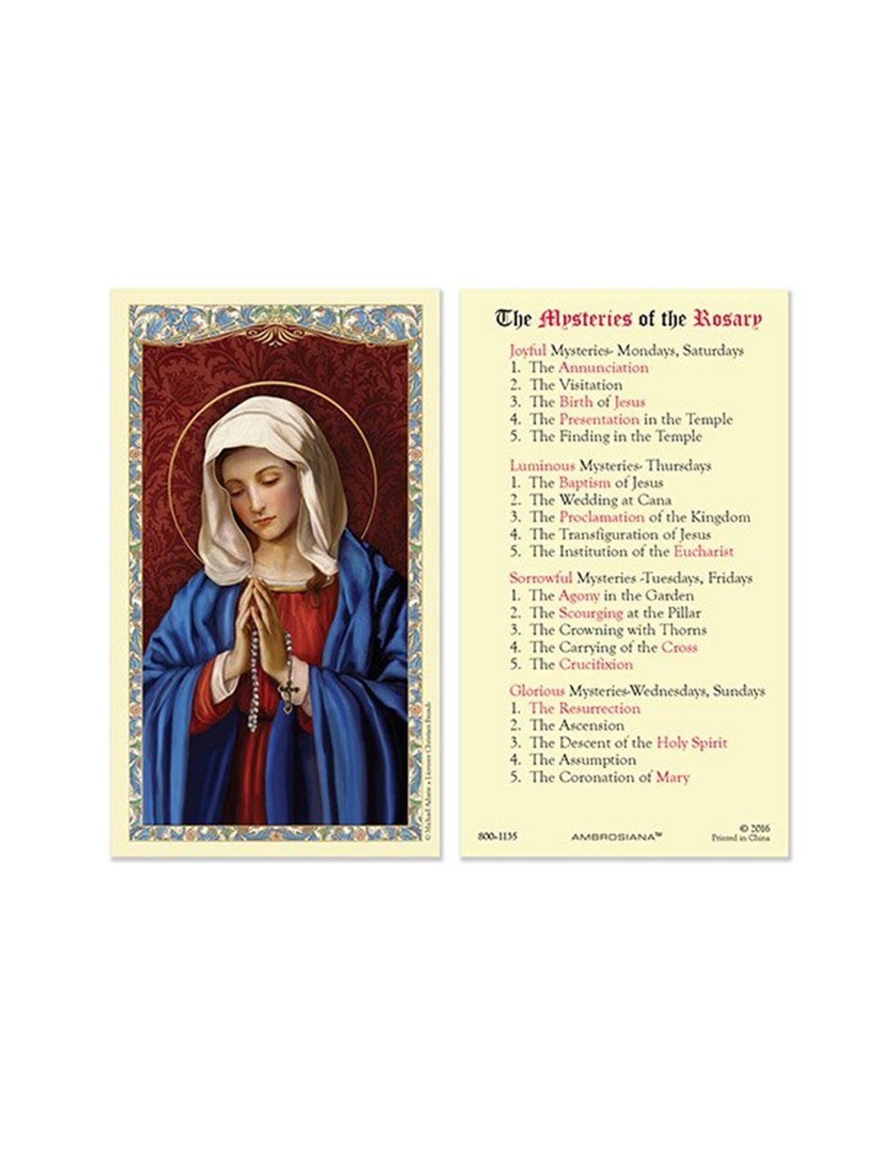 Laminated - Our Lady of the Rosary - Mysteries | Custom Rosaries and ...